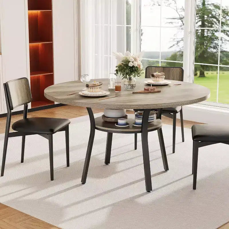 Acekool Table à manger ronde de 119,4 cm pour 4 à 6 personnes, table circulaire avec étagère de rangement, pieds en métal, pour cuisine, salon, salle à manger