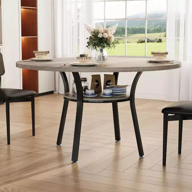 Acekool Table à manger ronde de 119,4 cm pour 4 à 6 personnes, table circulaire avec étagère de rangement, pieds en métal, pour cuisine, salon, salle à manger