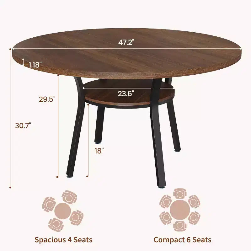 Acekool Table à manger ronde de 119,4 cm pour 4 à 6 personnes, table circulaire avec étagère de rangement, pieds en métal, pour cuisine, salon, salle à manger