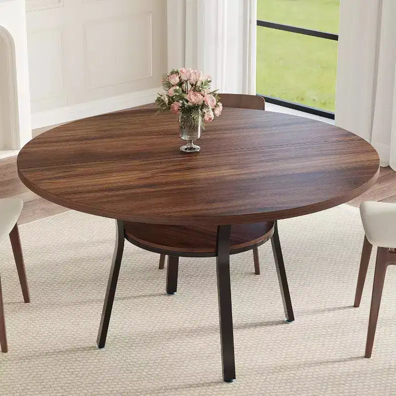 Acekool Table à manger ronde de 119,4 cm pour 4 à 6 personnes, table circulaire avec étagère de rangement, pieds en métal, pour cuisine, salon, salle à manger