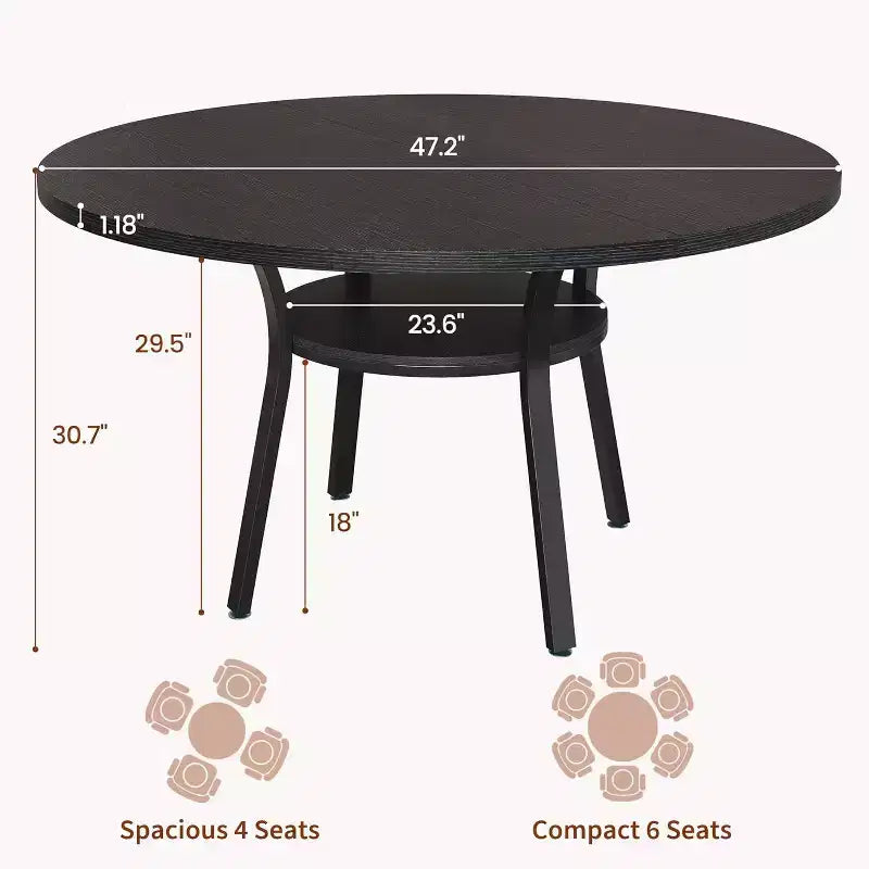 Acekool Table à manger ronde de 119,4 cm pour 4 à 6 personnes, table circulaire avec étagère de rangement, pieds en métal, pour cuisine, salon, salle à manger
