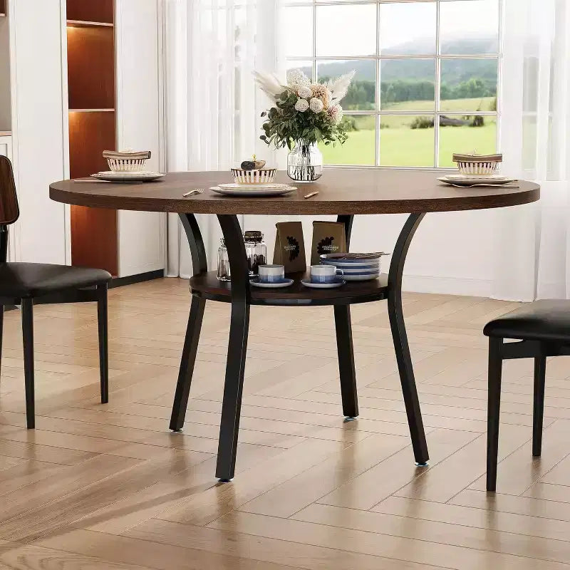 Acekool Table à manger ronde de 119,4 cm pour 4 à 6 personnes, table circulaire avec étagère de rangement, pieds en métal, pour cuisine, salon, salle à manger