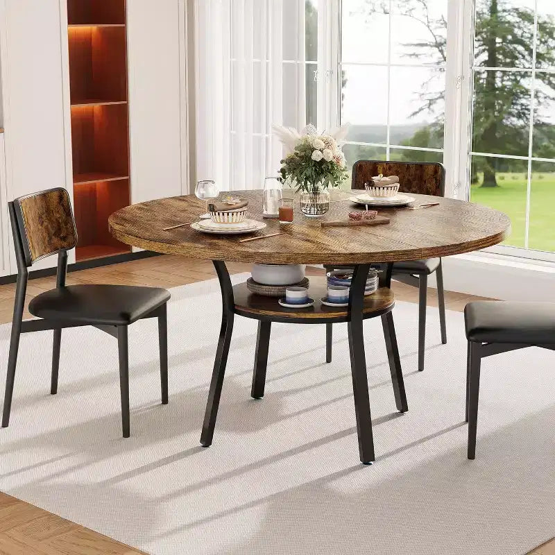 Acekool Table à manger ronde de 119,4 cm pour 4 à 6 personnes, table circulaire avec étagère de rangement, pieds en métal, pour cuisine, salon, salle à manger