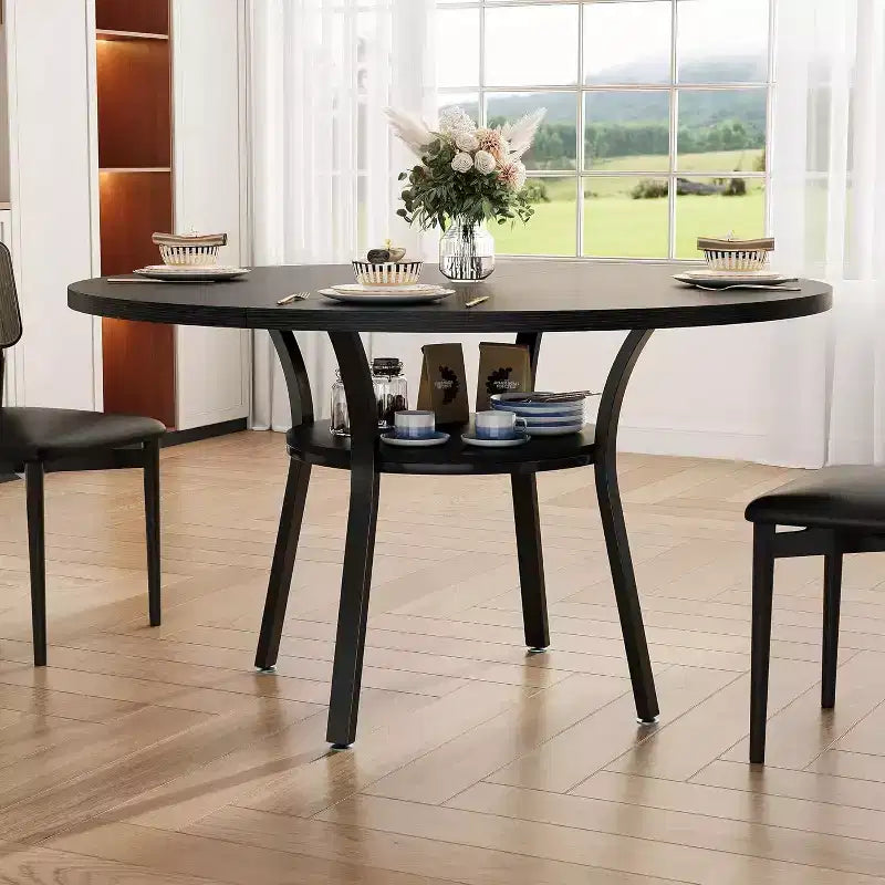Acekool Table à manger ronde de 119,4 cm pour 4 à 6 personnes, table circulaire avec étagère de rangement, pieds en métal, pour cuisine, salon, salle à manger