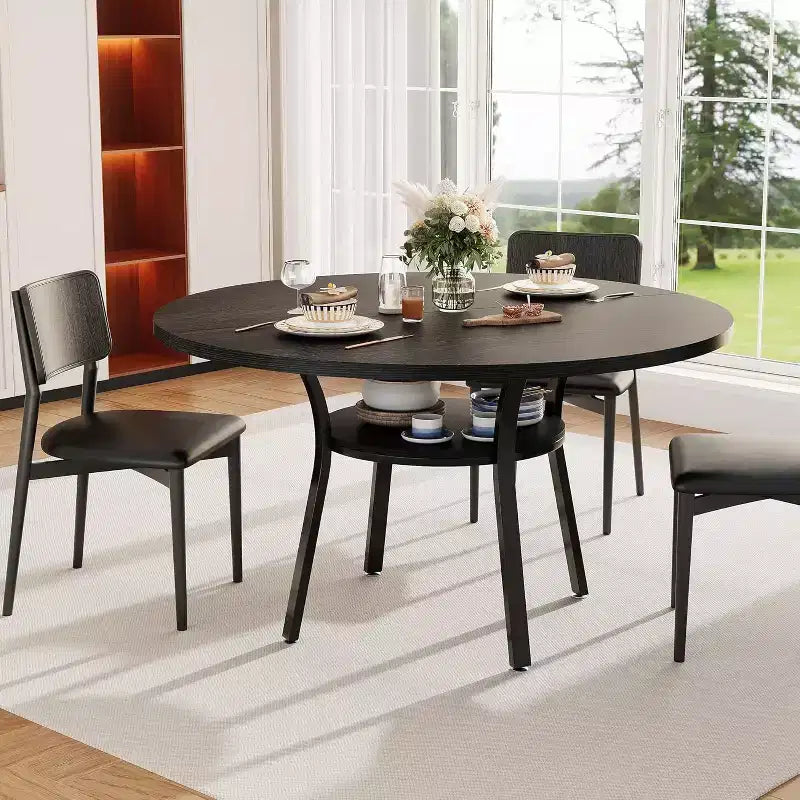 Acekool Table à manger ronde de 119,4 cm pour 4 à 6 personnes, table circulaire avec étagère de rangement, pieds en métal, pour cuisine, salon, salle à manger