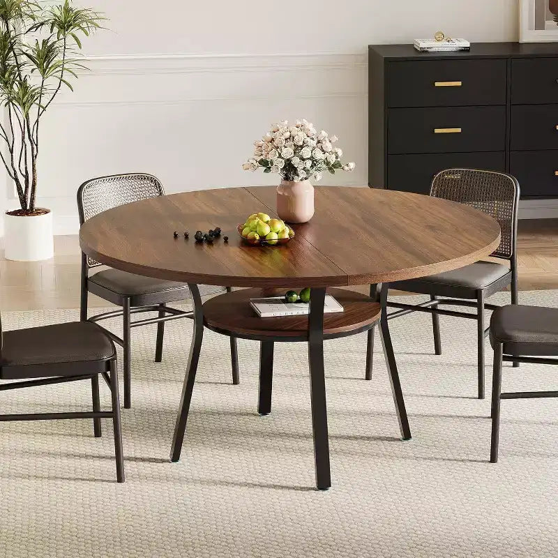 Acekool Table à manger ronde de 119,4 cm pour 4 à 6 personnes, table circulaire avec étagère de rangement, pieds en métal, pour cuisine, salon, salle à manger