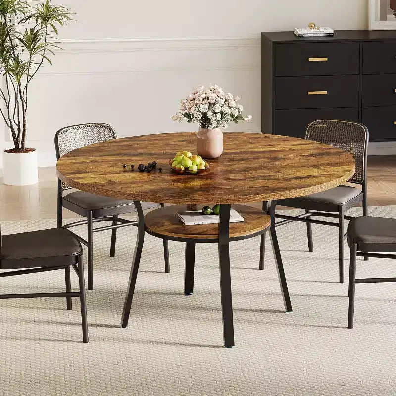 Acekool Table à manger ronde de 119,4 cm pour 4 à 6 personnes, table circulaire avec étagère de rangement, pieds en métal, pour cuisine, salon, salle à manger