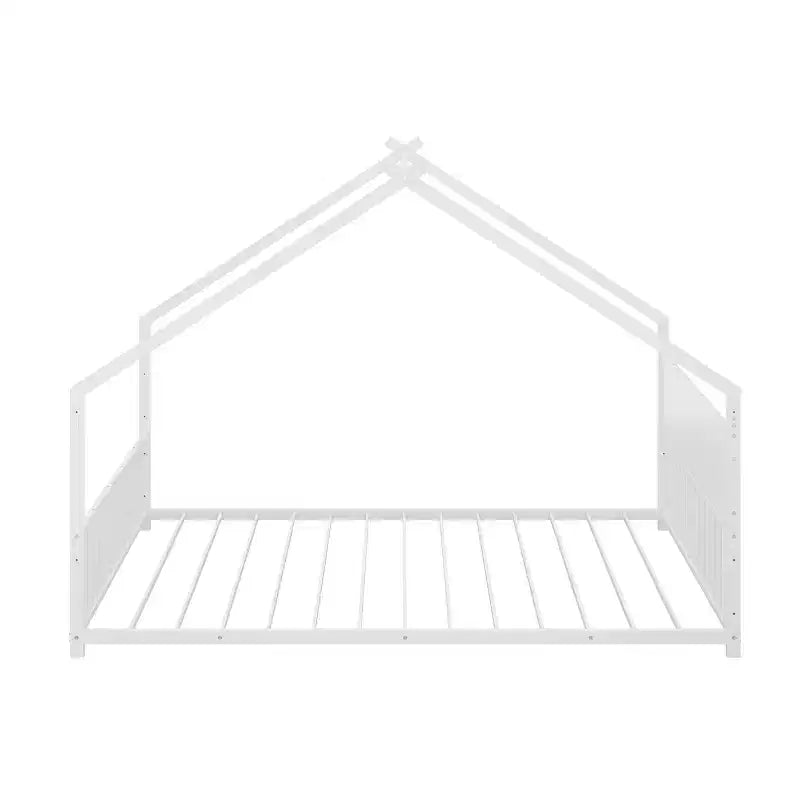 Lit cabane pour enfants Bellemave, taille complète, avec toit et lumières LED, cadre en métal avec lattes, lit bas pour garçons et filles, sommeil douillet, amusant et sûr, blanc
