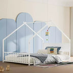 Lit cabane pour enfants Bellemave, taille complète, avec toit et lumières LED, cadre en métal avec lattes, lit bas pour garçons et filles, sommeil douillet, amusant et sûr, blanc