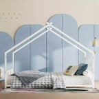 Lit cabane pour enfants Bellemave, taille complète, avec toit et lumières LED, cadre en métal avec lattes, lit bas pour garçons et filles, sommeil douillet, amusant et sûr, blanc
