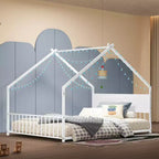 Lit cabane pour enfants Bellemave, taille complète, avec toit et lumières LED, cadre en métal avec lattes, lit bas pour garçons et filles, sommeil douillet, amusant et sûr, blanc