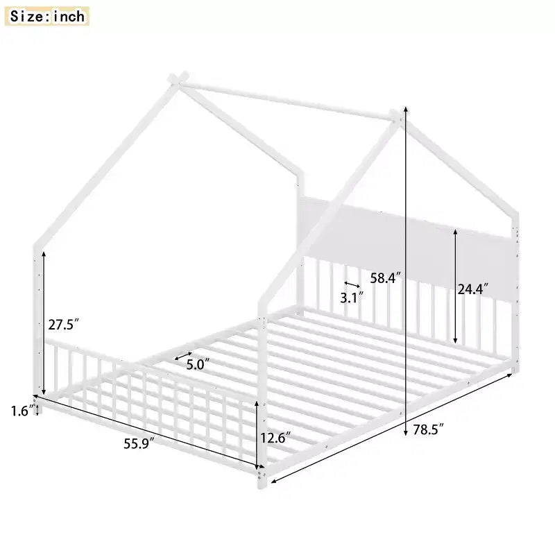 Lit cabane pour enfants Bellemave, taille complète, avec toit et lumières LED, cadre en métal avec lattes, lit bas pour garçons et filles, sommeil douillet, amusant et sûr, blanc