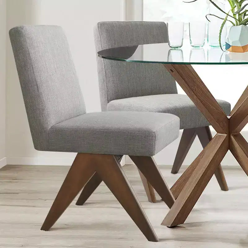 Lot de 2 chaises de salle à manger rembourrées, chaises d'appoint sans accoudoirs en lin de style moderne du milieu du siècle avec pieds en V en bois d'hévéa massif finition noyer - Panipeachy