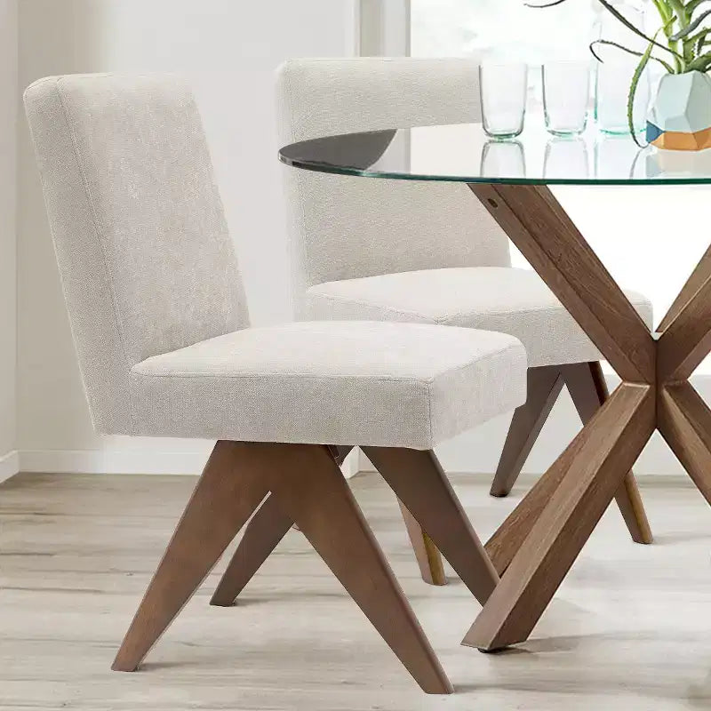 Lot de 2 chaises de salle à manger rembourrées, chaises d'appoint sans accoudoirs en lin de style moderne du milieu du siècle avec pieds en V en bois d'hévéa massif finition noyer - Panipeachy