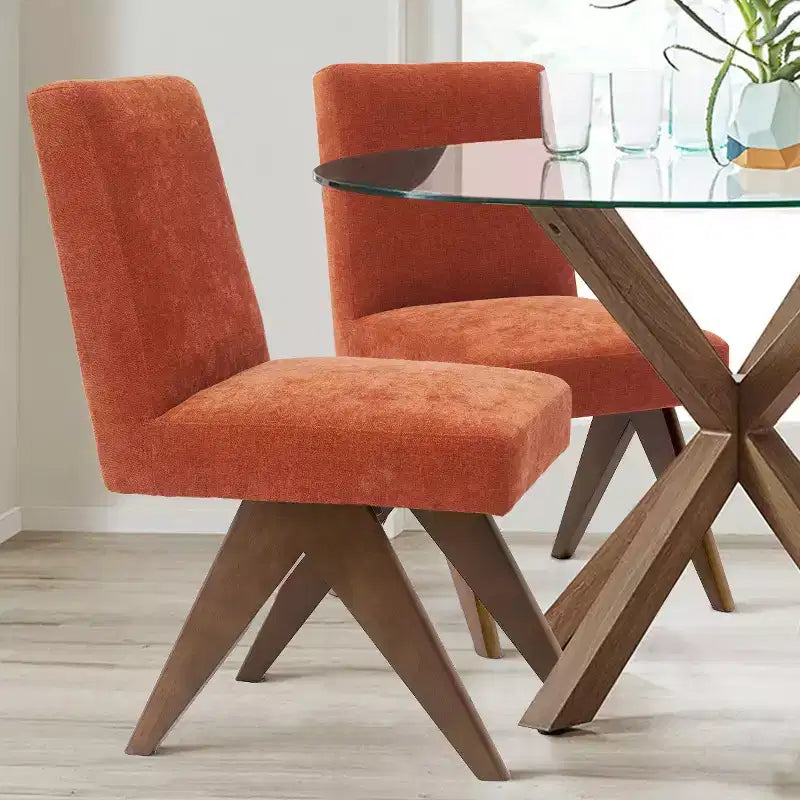 Lot de 2 chaises de salle à manger rembourrées, chaises d'appoint sans accoudoirs en lin de style moderne du milieu du siècle avec pieds en V en bois d'hévéa massif finition noyer - Panipeachy