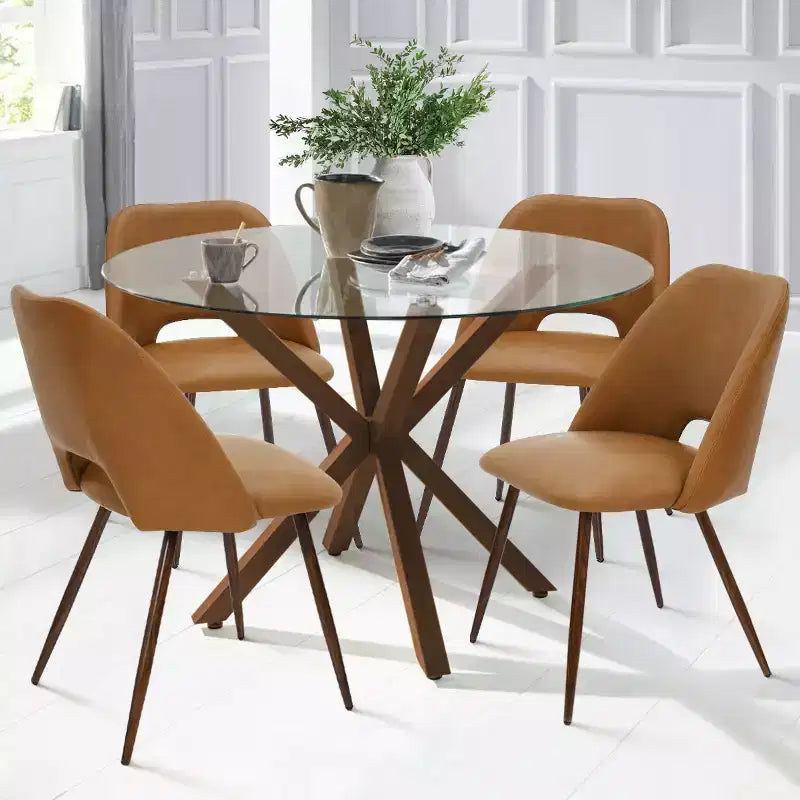 Ensemble de salle à manger rond 5 pièces en verre avec chaises en similicuir, ensemble de table de cuisine moderne avec pieds en noyer pour 4 personnes-Panipeachy
