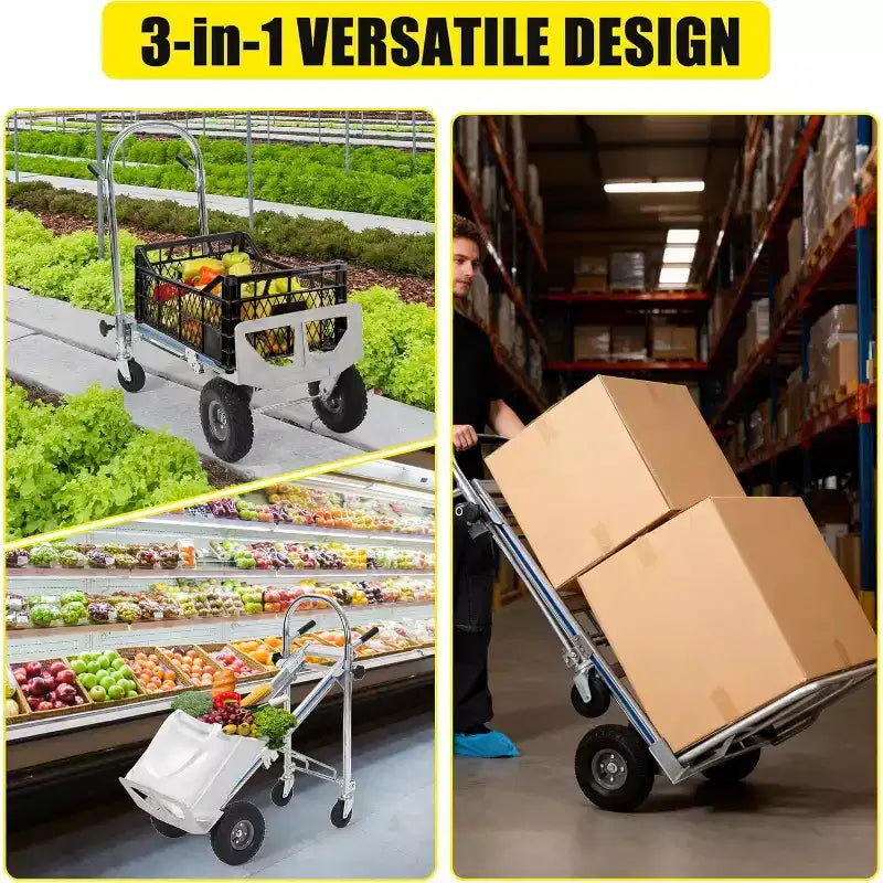Diable Convertible 317,5 kg, Chariot de Manutention Pliant avec Conception à 4 Roues et Poignée Télescopique Ajustable pour Entrepôt, Maison, Jardin