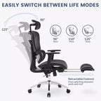 Chaise de bureau ergonomique inclinable en maille à dossier haut avec repose-pieds, soutien lombaire dynamique - Fauteuil de bureau pivotant pour la maison et le jeu, noir