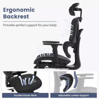 Chaise de bureau ergonomique inclinable en maille à dossier haut avec repose-pieds, soutien lombaire dynamique - Fauteuil de bureau pivotant pour la maison et le jeu, noir