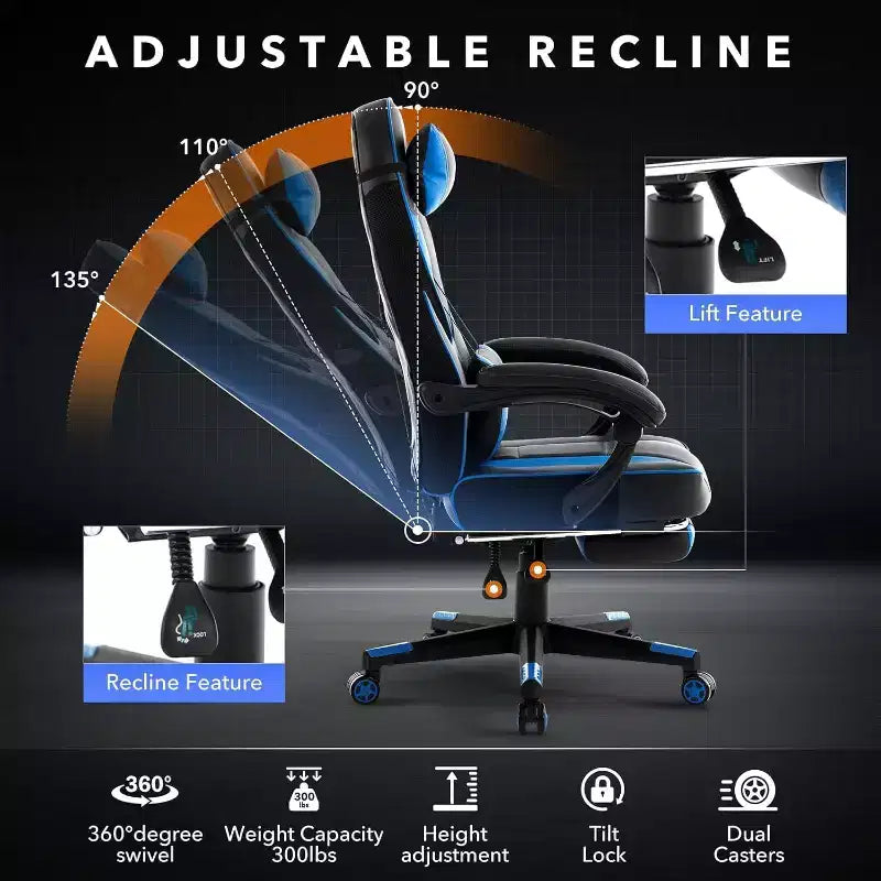 Chaise de jeu ergonomique Acekool pour adultes, cuir PU, massage lombaire, repose-pieds, réglable, pour bureau ou jeu