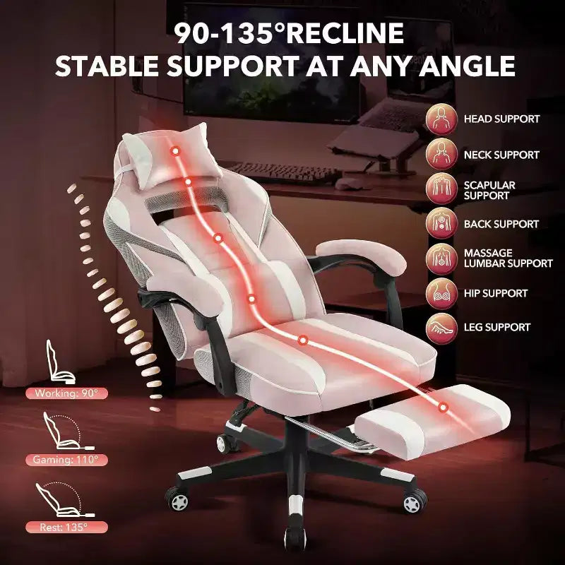 Chaise de jeu ergonomique Acekool pour adultes, cuir PU, massage lombaire, repose-pieds, réglable, pour bureau ou jeu