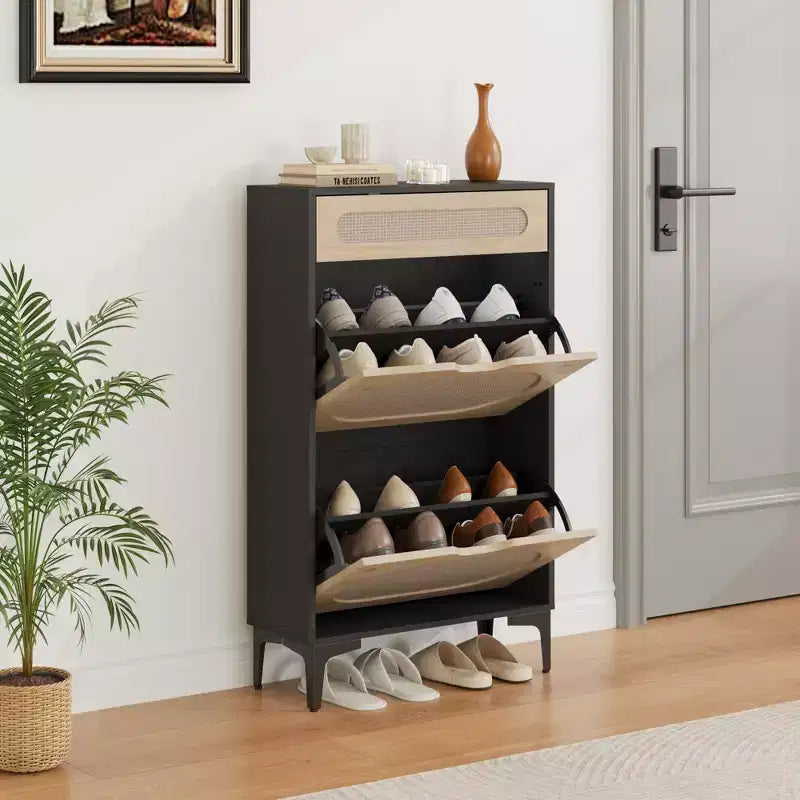 Meuble à chaussures en rotin avec 3 tiroirs - Design rabattable et coulissant, 3 étagères réglables, rangement étroit autoportant pour entrée et porche