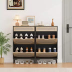 Meuble à chaussures en rotin avec 3 tiroirs - Design rabattable et coulissant, 3 étagères réglables, rangement étroit autoportant pour entrée et porche