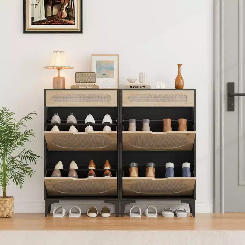 Meuble à chaussures en rotin avec 3 tiroirs - Design rabattable et coulissant, 3 étagères réglables, rangement étroit autoportant pour entrée et porche