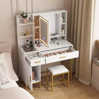 Coiffeuse avec miroir et lumières, Ensemble de coiffeuse 42,5" avec tabouret, Table de maquillage avec armoire miroir et chaise, Tiroirs et étagères