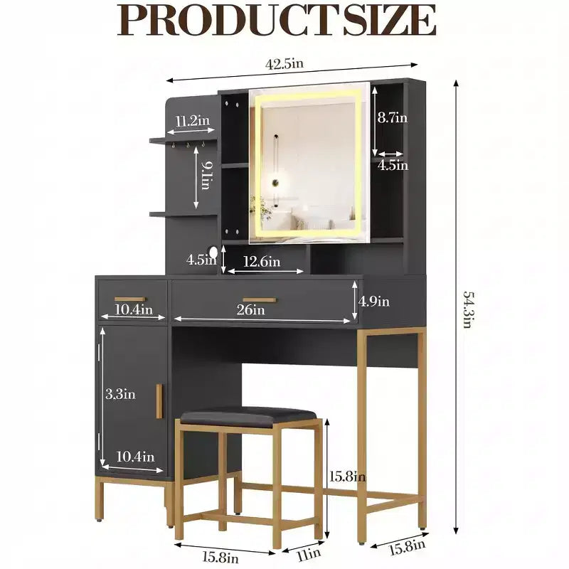 Coiffeuse avec miroir et lumières, Ensemble de coiffeuse 42,5" avec tabouret, Table de maquillage avec armoire miroir et chaise, Tiroirs et étagères