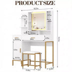 Coiffeuse avec miroir et lumières, Ensemble de coiffeuse 42,5" avec tabouret, Table de maquillage avec armoire miroir et chaise, Tiroirs et étagères
