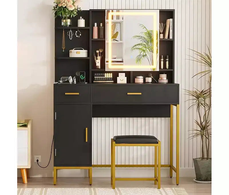 Vanity Desk with Mirror and Lights, 42.5 Makeup Vanity Set with Stool, Makeup Table with Mirror Cabinet and Chair, Drawers & Shelves