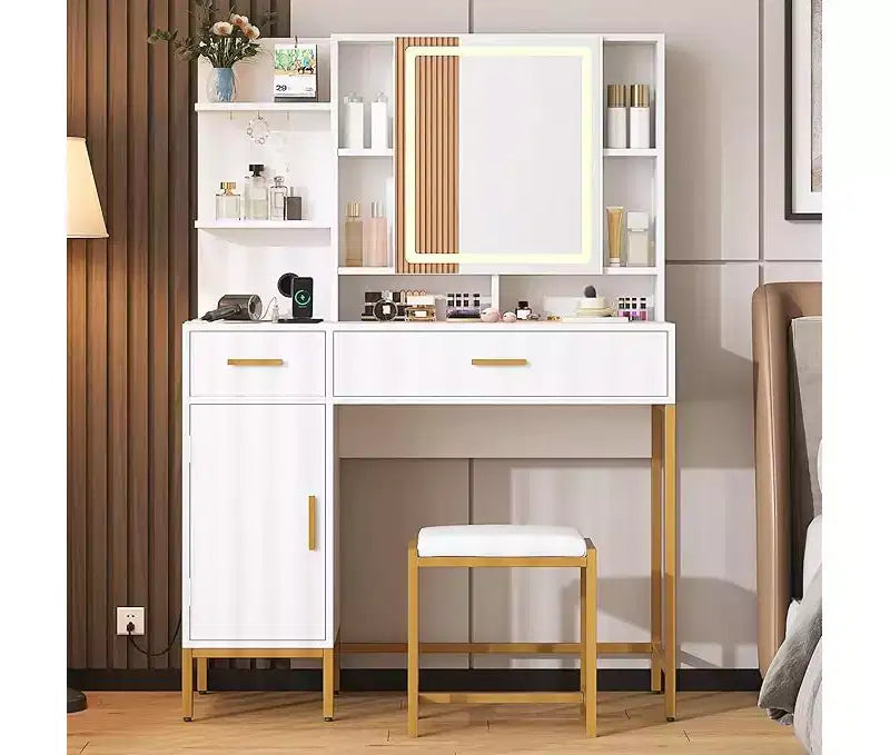 Coiffeuse avec miroir et lumières, Ensemble de coiffeuse 42,5" avec tabouret, Table de maquillage avec armoire miroir et chaise, Tiroirs et étagères