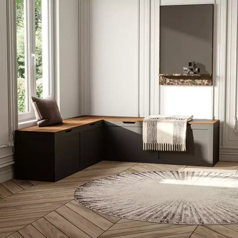 Banc d'entrée d'angle Famapy avec rangement caché, finition chêne blanc, meuble à chaussures