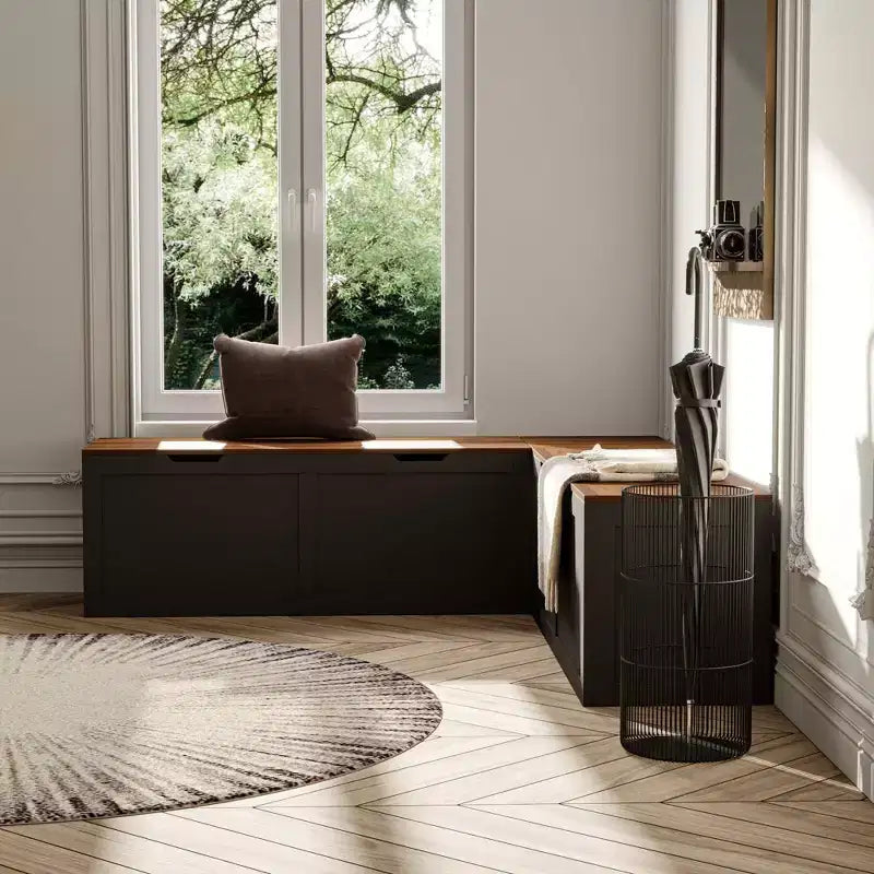 Banc d'entrée d'angle Famapy avec rangement caché, finition chêne blanc, meuble à chaussures