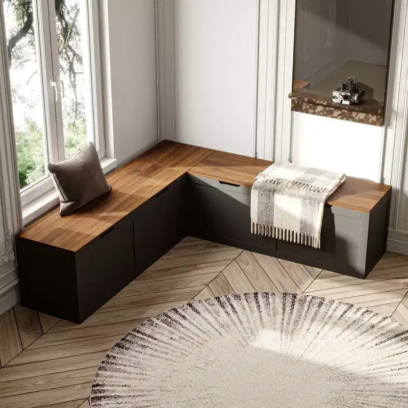 Banc d'entrée d'angle Famapy avec rangement caché, finition chêne blanc, meuble à chaussures