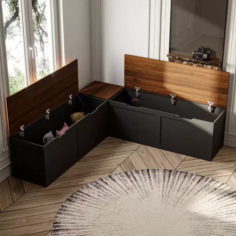 Banc d'entrée d'angle Famapy avec rangement caché, finition chêne blanc, meuble à chaussures