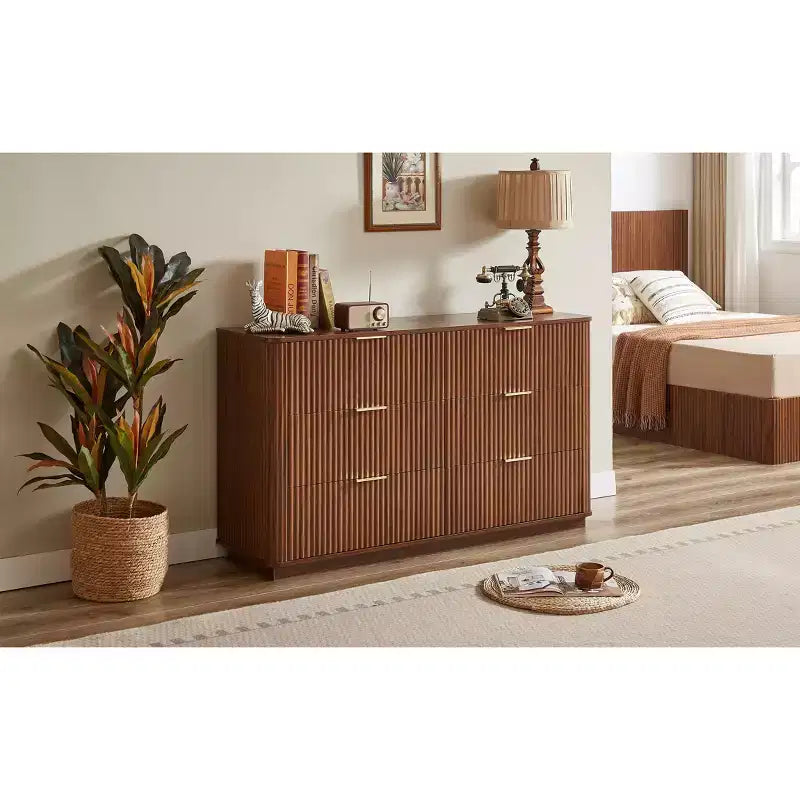 JVNOXK Coiffeuse 6 tiroirs, 140 cm de large, design moderne à courbes ondulées, meuble TV et coiffeuse double fonction, meuble de rangement en bois, Noyer