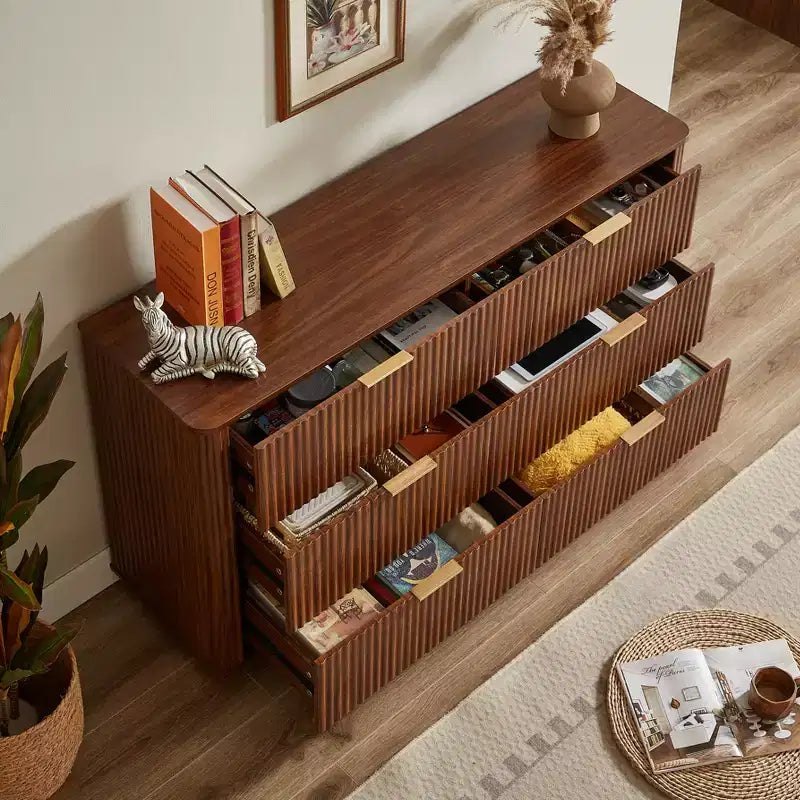 JVNOXK Coiffeuse 6 tiroirs, 140 cm de large, design moderne à courbes ondulées, meuble TV et coiffeuse double fonction, meuble de rangement en bois, Noyer