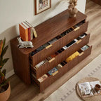 JVNOXK Coiffeuse 6 tiroirs, 140 cm de large, design moderne à courbes ondulées, meuble TV et coiffeuse double fonction, meuble de rangement en bois, Noyer