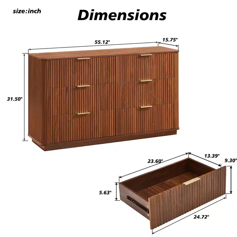 JVNOXK Coiffeuse 6 tiroirs, 140 cm de large, design moderne à courbes ondulées, meuble TV et coiffeuse double fonction, meuble de rangement en bois, Noyer