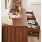 JVNOXK Coiffeuse 6 tiroirs, 140 cm de large, design moderne à courbes ondulées, meuble TV et coiffeuse double fonction, meuble de rangement en bois, Noyer