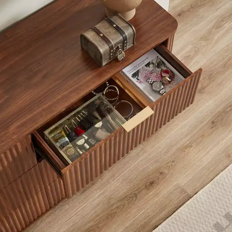 JVNOXK Coiffeuse 6 tiroirs, 140 cm de large, design moderne à courbes ondulées, meuble TV et coiffeuse double fonction, meuble de rangement en bois, Noyer