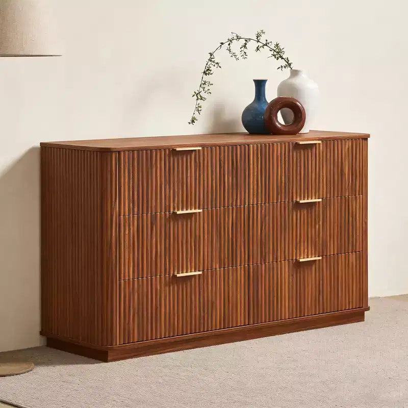 JVNOXK Coiffeuse 6 tiroirs, 140 cm de large, design moderne à courbes ondulées, meuble TV et coiffeuse double fonction, meuble de rangement en bois, Noyer