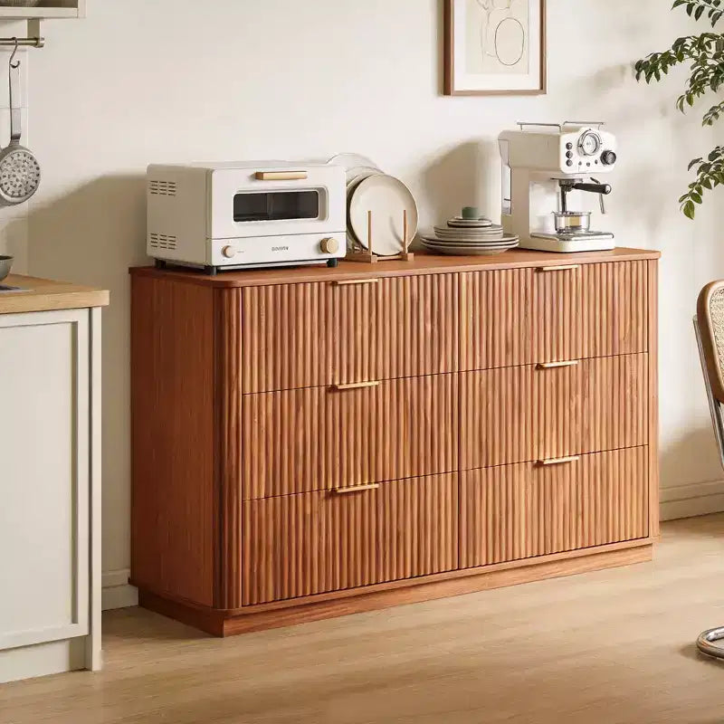 JVNOXK Coiffeuse 6 tiroirs, 140 cm de large, design moderne à courbes ondulées, meuble TV et coiffeuse double fonction, meuble de rangement en bois, Noyer