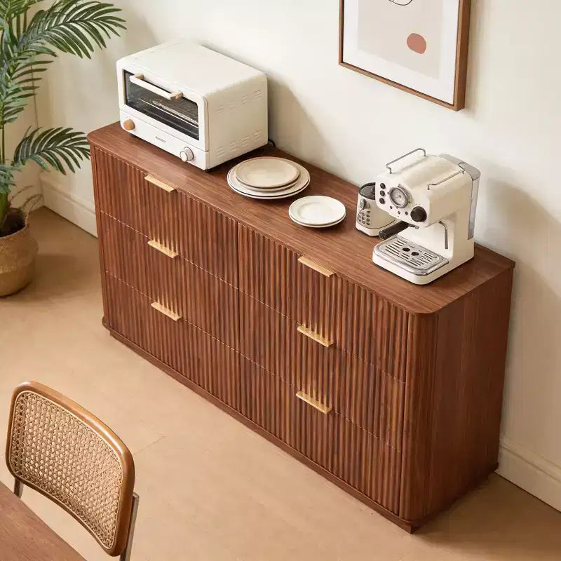 JVNOXK Coiffeuse 6 tiroirs, 140 cm de large, design moderne à courbes ondulées, meuble TV et coiffeuse double fonction, meuble de rangement en bois, Noyer