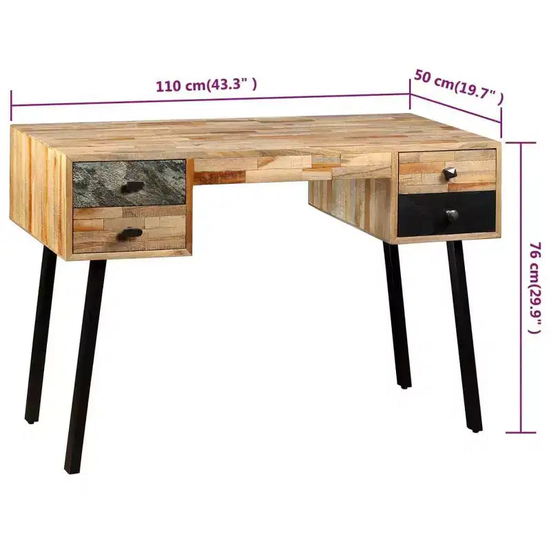 vidaXL Bureau en teck massif recyclé 110x50x76 cm