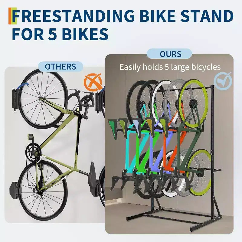 Range-vélo autoportant, capacité de 5 vélos 180 kg, support de rangement vertical pour garage, organiseur de vélo d'intérieur, peut contenir jusqu'à 5 vélos