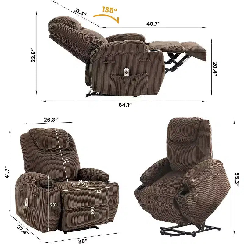 Acekool Fauteuil inclinable releveur en velours côtelé, Fauteuil chauffant massant avec double porte-gobelets et appui-tête en U pour salon