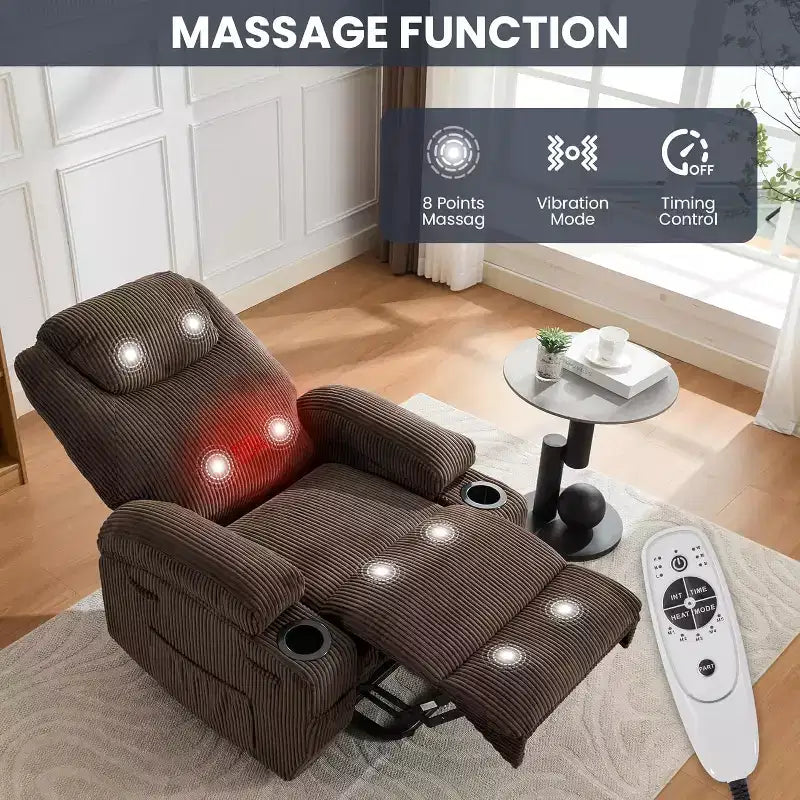 Acekool Fauteuil inclinable releveur en velours côtelé, Fauteuil chauffant massant avec double porte-gobelets et appui-tête en U pour salon